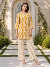 Mustard Cotton Botanical Printed Kurta With Pant