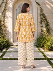 Mustard Cotton Botanical Printed Kurta With Pant