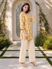 Mustard Cotton Botanical Printed Kurta With Pant