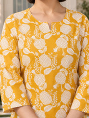 Mustard Cotton Botanical Printed Kurta With Pant
