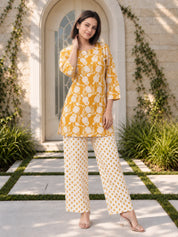Mustard Cotton Botanical Printed Kurta With Pant