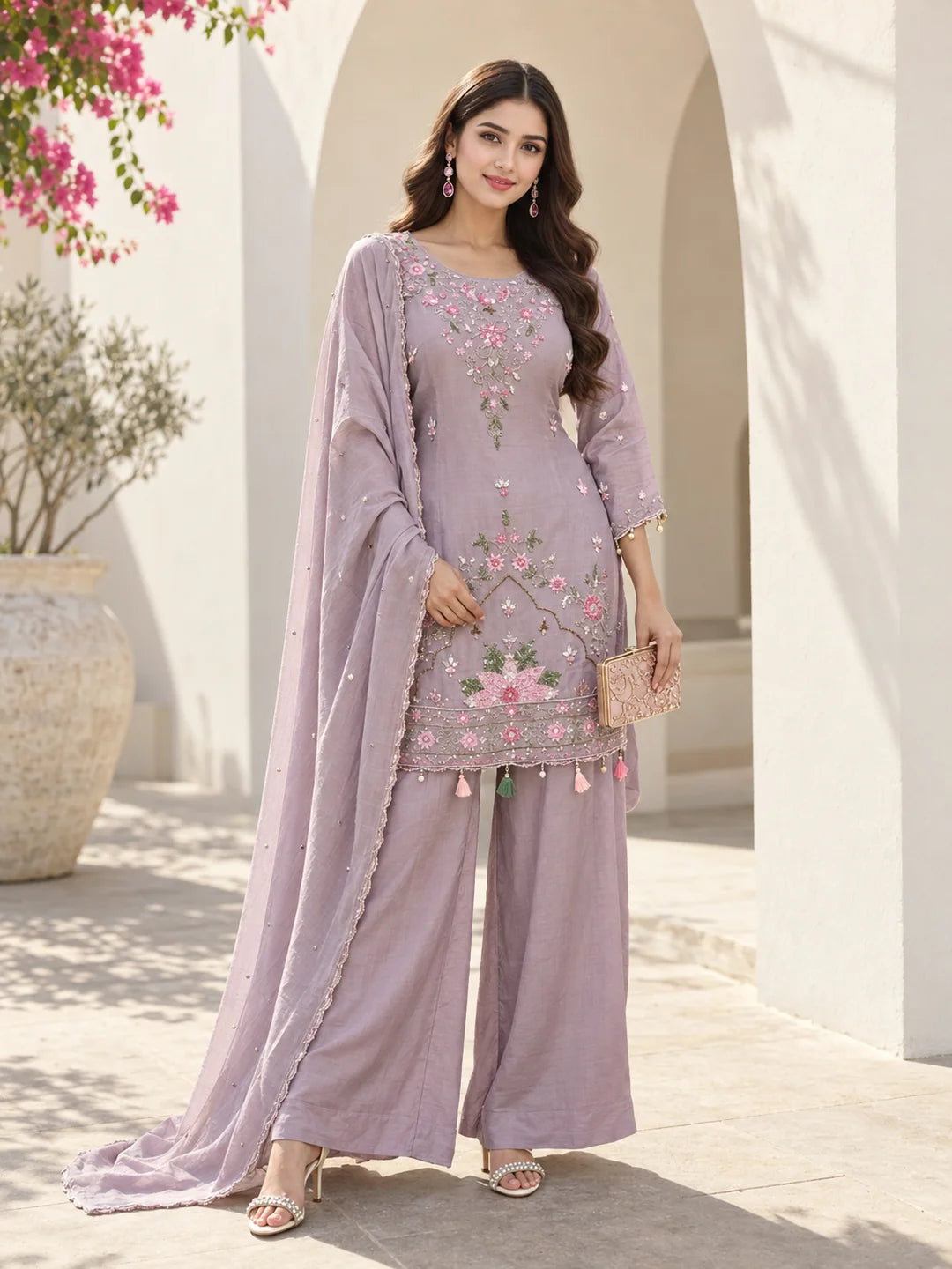 Lavender Embroidered Kurta Set with Dupatta in Dola Silk