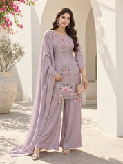 Lavender Embroidered Kurta Set with Dupatta in Dola Silk