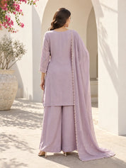 Lavender Embroidered Kurta Set with Dupatta in Dola Silk