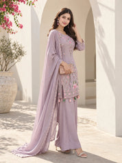 Lavender Embroidered Kurta Set with Dupatta in Dola Silk