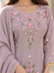 Lavender Embroidered Kurta Set with Dupatta in Dola Silk