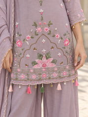 Lavender Embroidered Kurta Set with Dupatta in Dola Silk