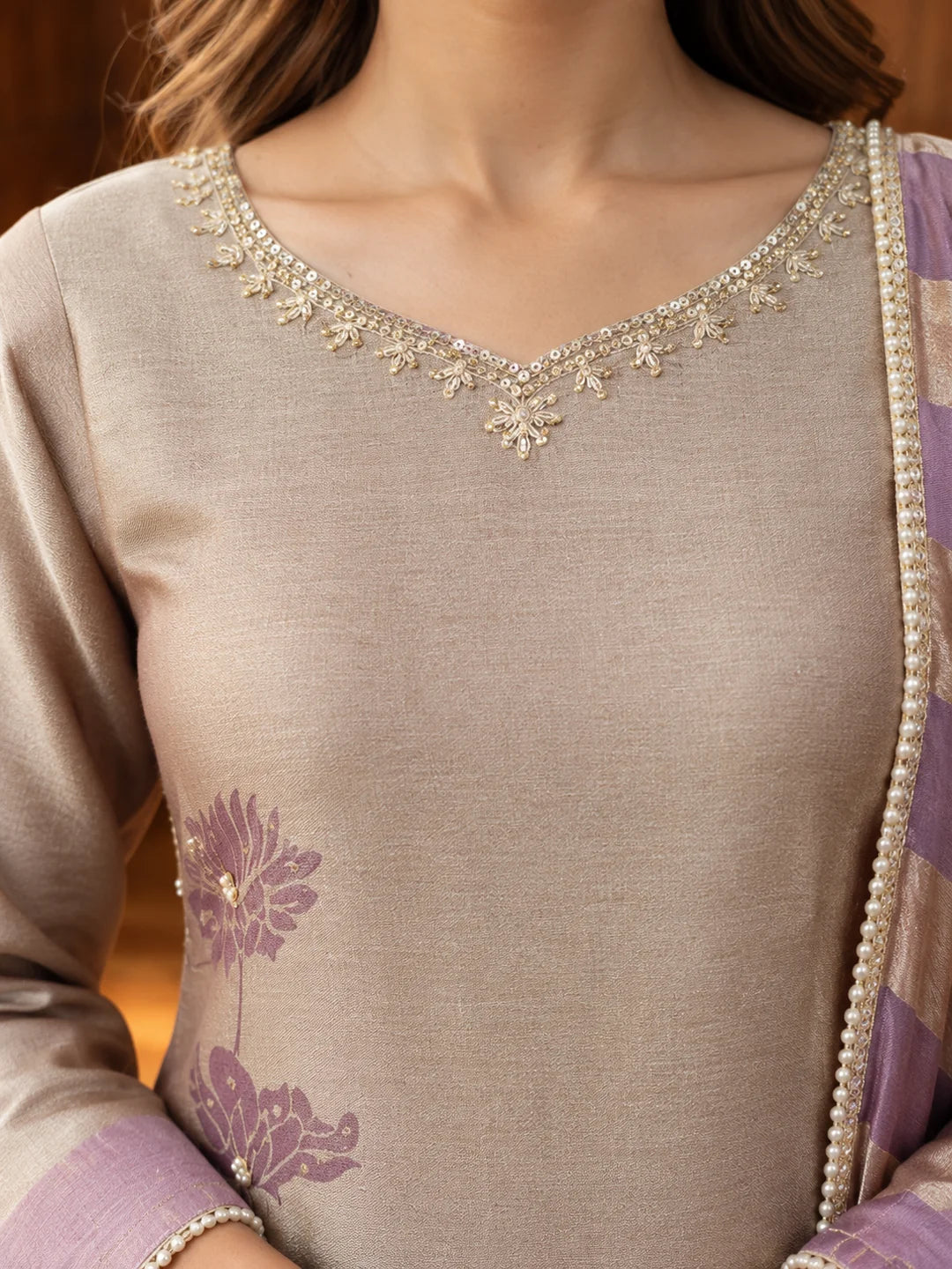Taupe & Lavender Sequin Embellished Floral Printed Kurta Set with Dupatta in Ziraf Silk