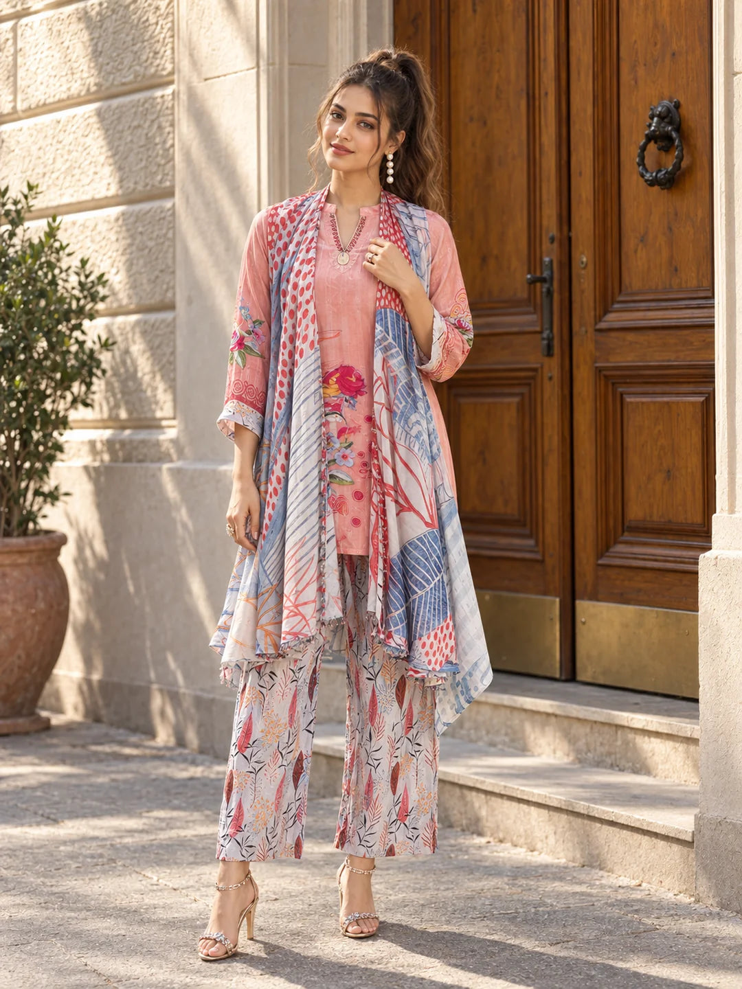 Peach Floral  Muslin Diamond Detailed Shrug 3-Piece Set