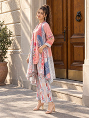 Peach Floral  Muslin Diamond Detailed Shrug 3-Piece Set