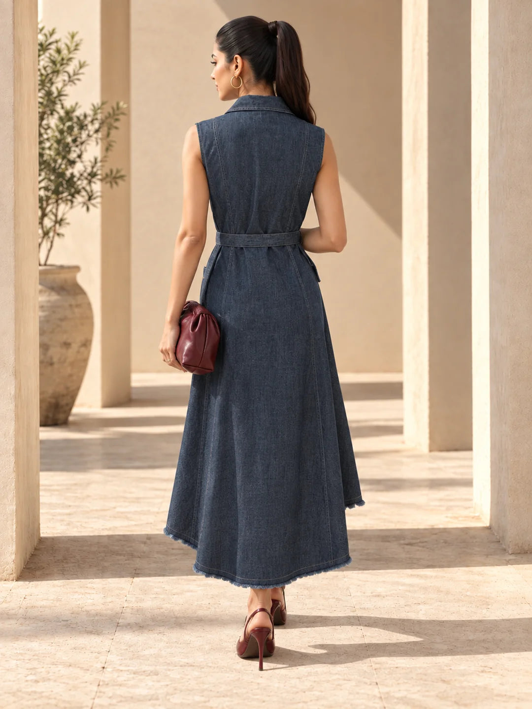 Denim Blue A-Line Shirt Style Dress with Detachable Belt in Cotton Denim