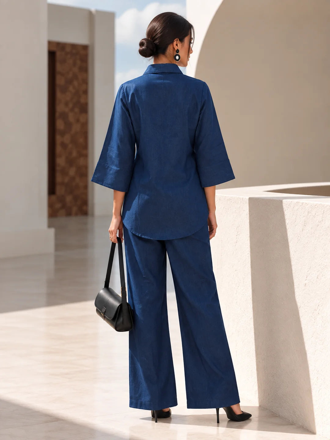 Denim Blue Slant Placket Embellished Co-Ord Set in Cotton Denim