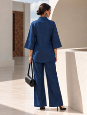 Denim Blue Slant Placket Embellished Co-Ord Set in Cotton Denim