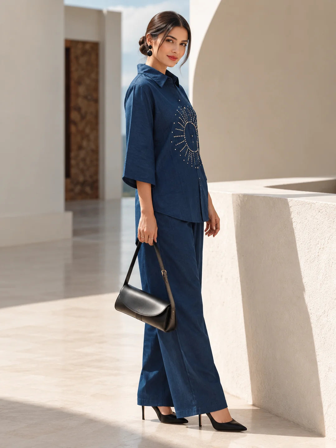 Denim Blue Slant Placket Embellished Co-Ord Set in Cotton Denim