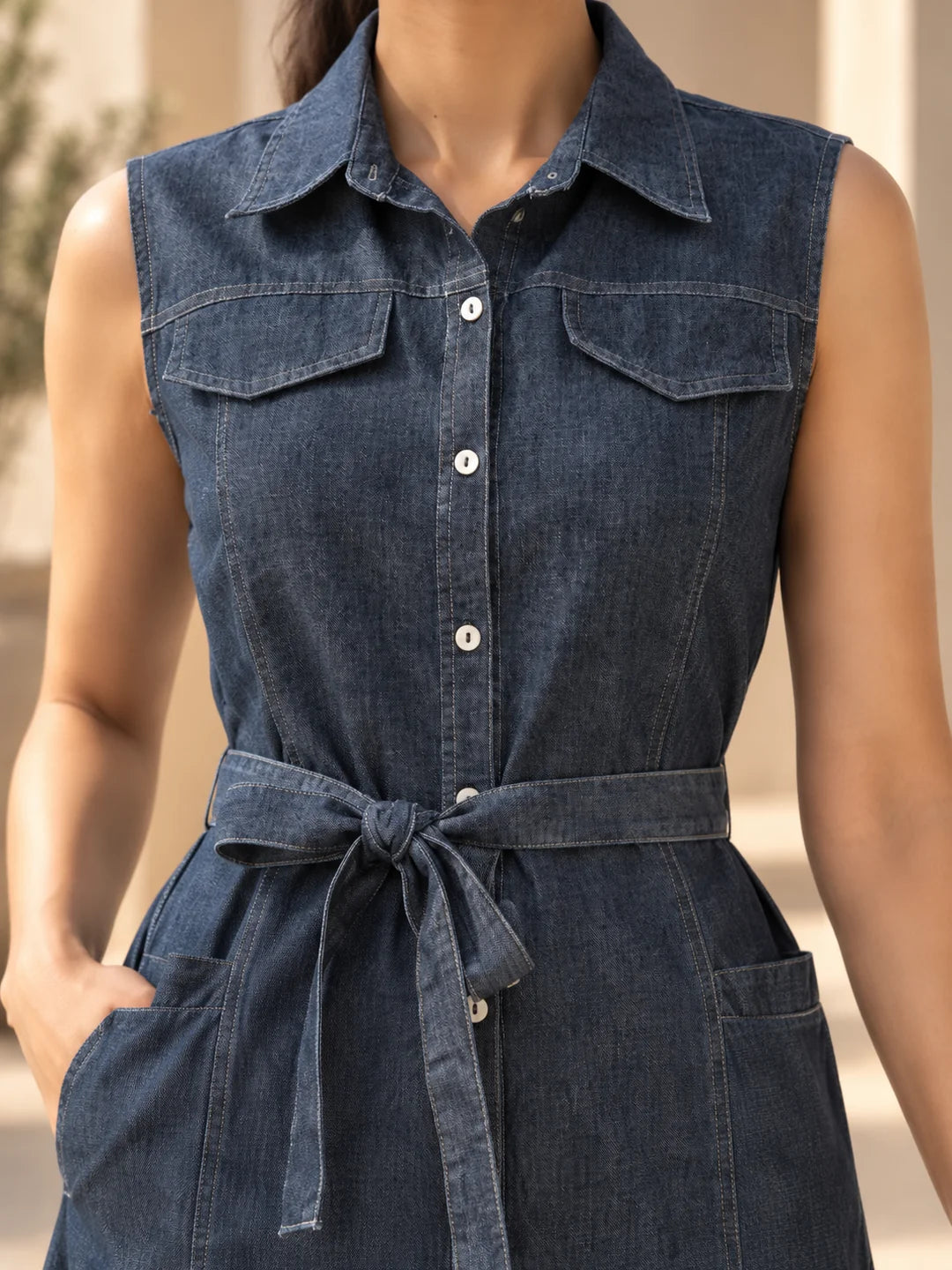Denim Blue A-Line Shirt Style Dress with Detachable Belt in Cotton Denim