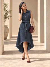 Denim Blue A-Line Shirt Style Dress with Detachable Belt in Cotton Denim