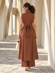 Chocolate Brown Sleeveless Shirt Collar Co-Ord Set with Sequin Embroidery in Vatican Fabric