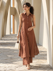 Chocolate Brown Sleeveless Shirt Collar Co-Ord Set with Sequin Embroidery in Vatican Fabric