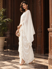 Ivory Floral Appliqué Poncho 3-Piece Co-Ord Set with Draped Skirt in Muslin