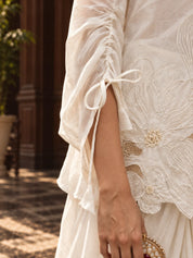 Ivory Floral Appliqué Poncho 3-Piece Co-Ord Set with Draped Skirt in Muslin