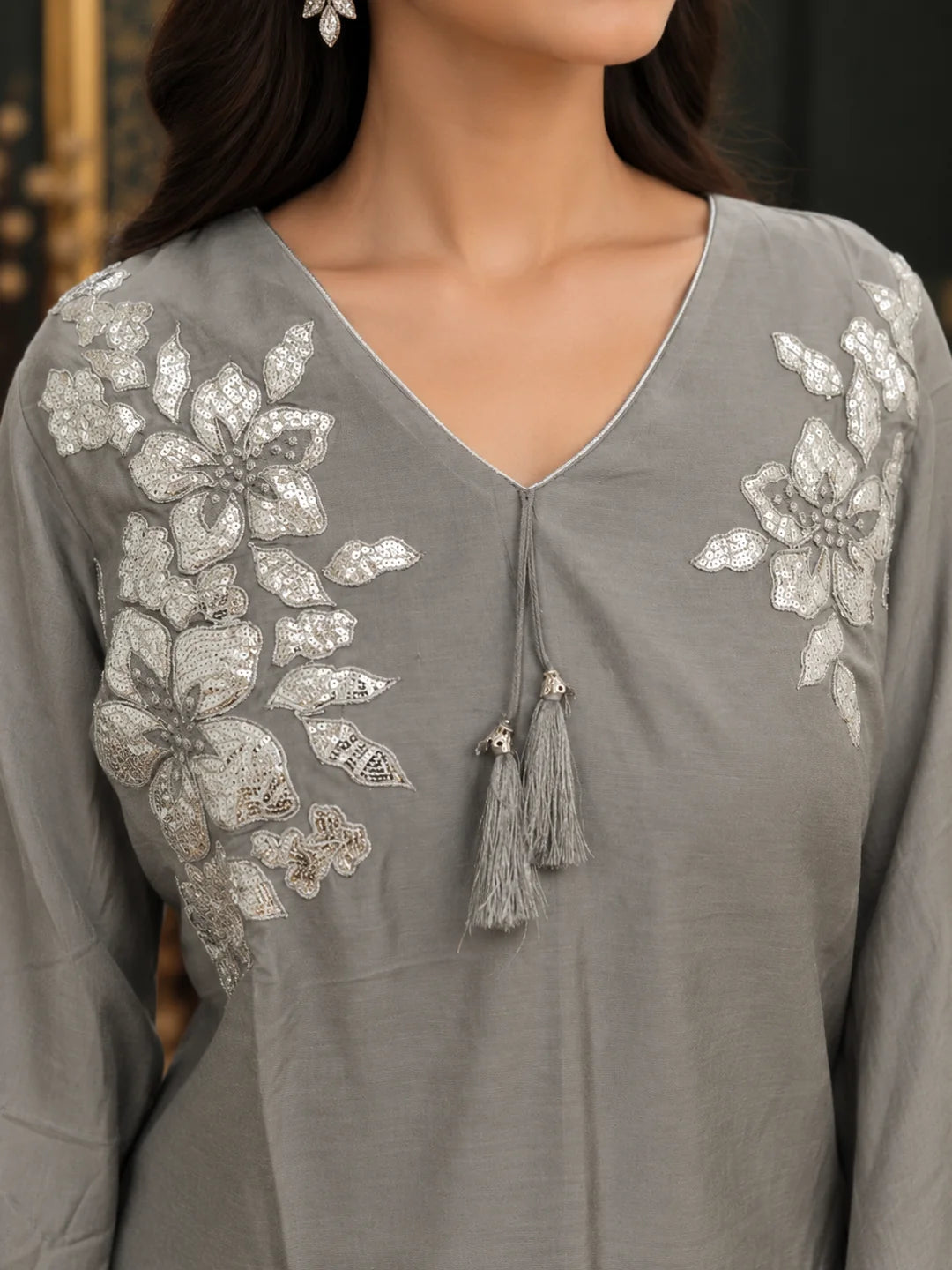 Light Grey Silver Foil Floral Tassel Detail Co-ord Set in Muslin