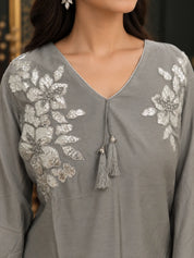 Light Grey Silver Foil Floral Tassel Detail Co-ord Set in Muslin