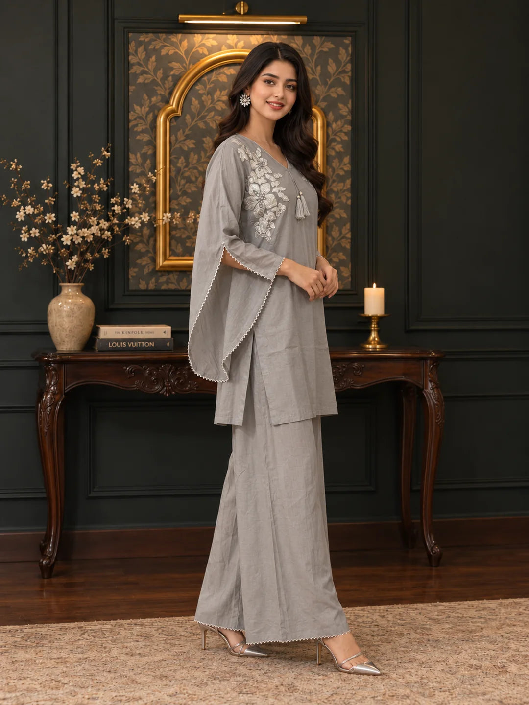 Light Grey Silver Foil Floral Tassel Detail Co-ord Set in Muslin