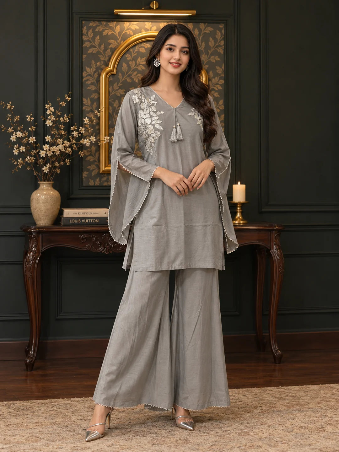 Light Grey Silver Foil Floral Tassel Detail Co-ord Set in Muslin