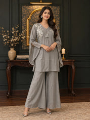 Light Grey Silver Foil Floral Tassel Detail Co-ord Set in Muslin