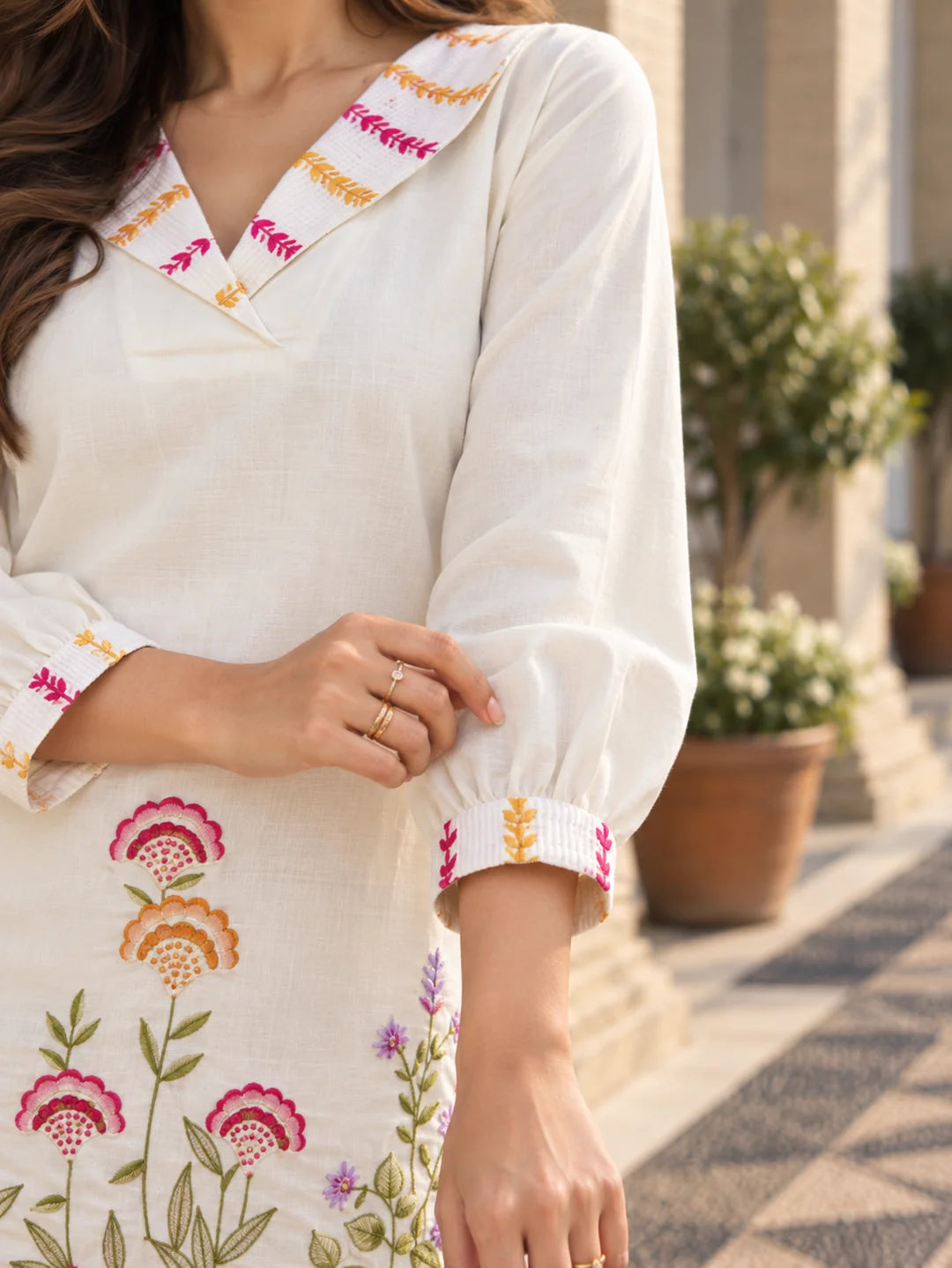 Embroidered Ivory Roman Silk Co-ord Set