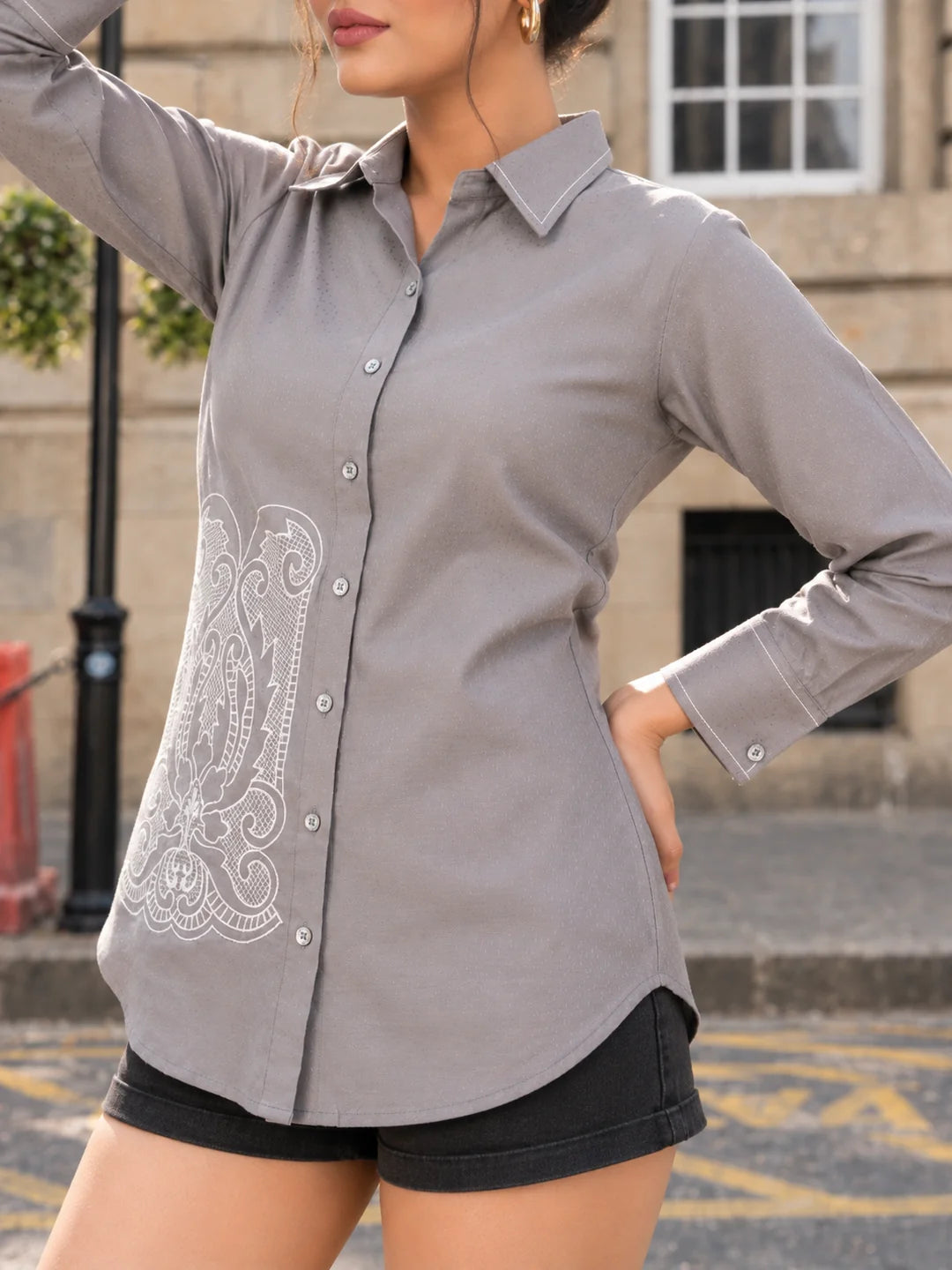 Grey Dobby Texture Embroidered Cotton Shirt