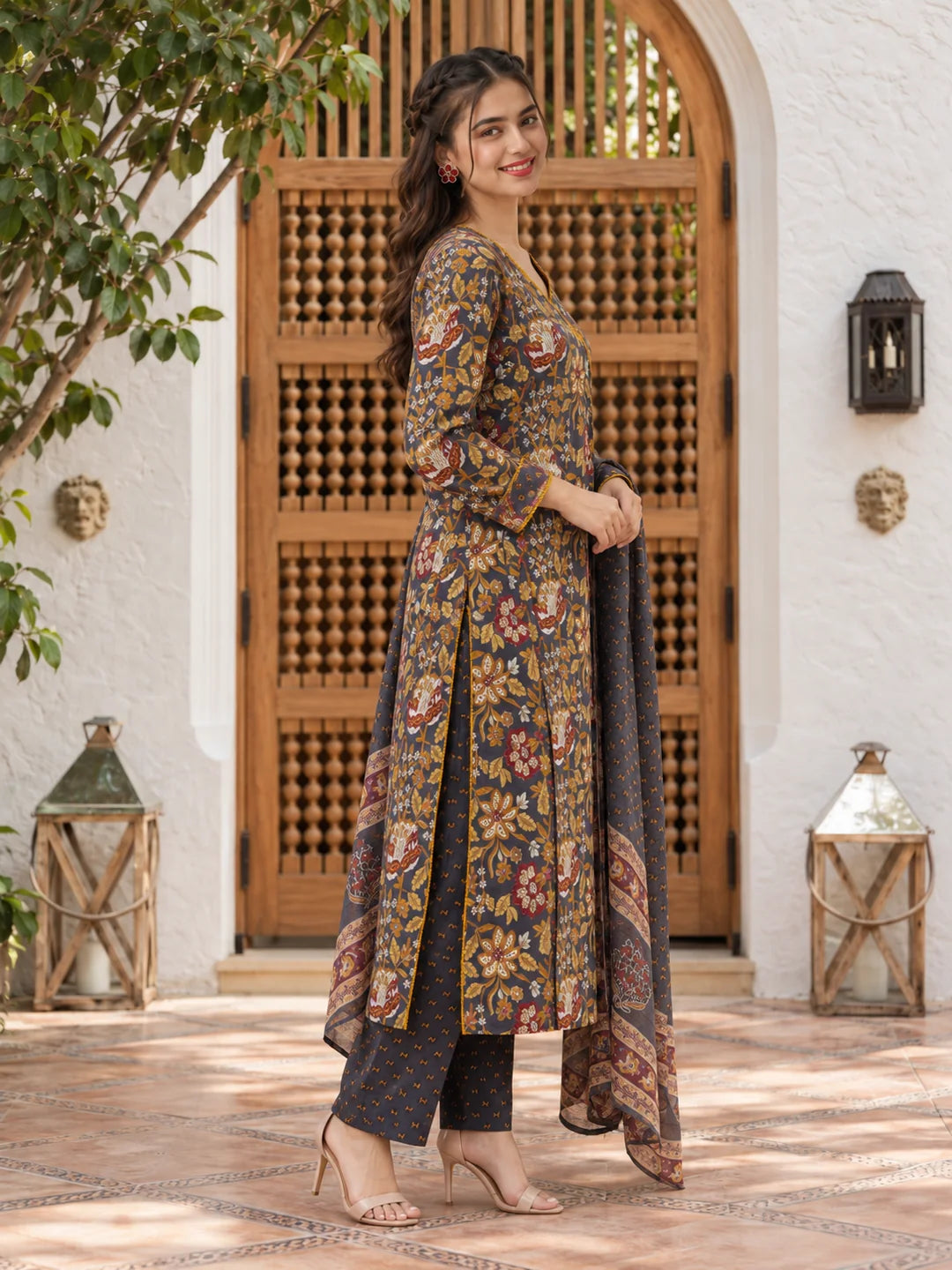 Grey & Mustard Yellow Angrakha Floral Jaal Printed Kurta Set with Dupatta in Cotton
