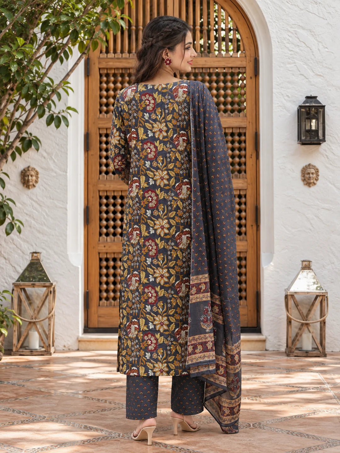 Grey & Mustard Yellow Angrakha Floral Jaal Printed Kurta Set with Dupatta in Cotton