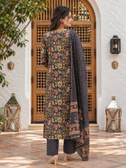 Grey & Mustard Yellow Angrakha Floral Jaal Printed Kurta Set with Dupatta in Cotton