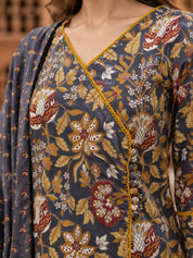Grey & Mustard Yellow Angrakha Floral Jaal Printed Kurta Set with Dupatta in Cotton