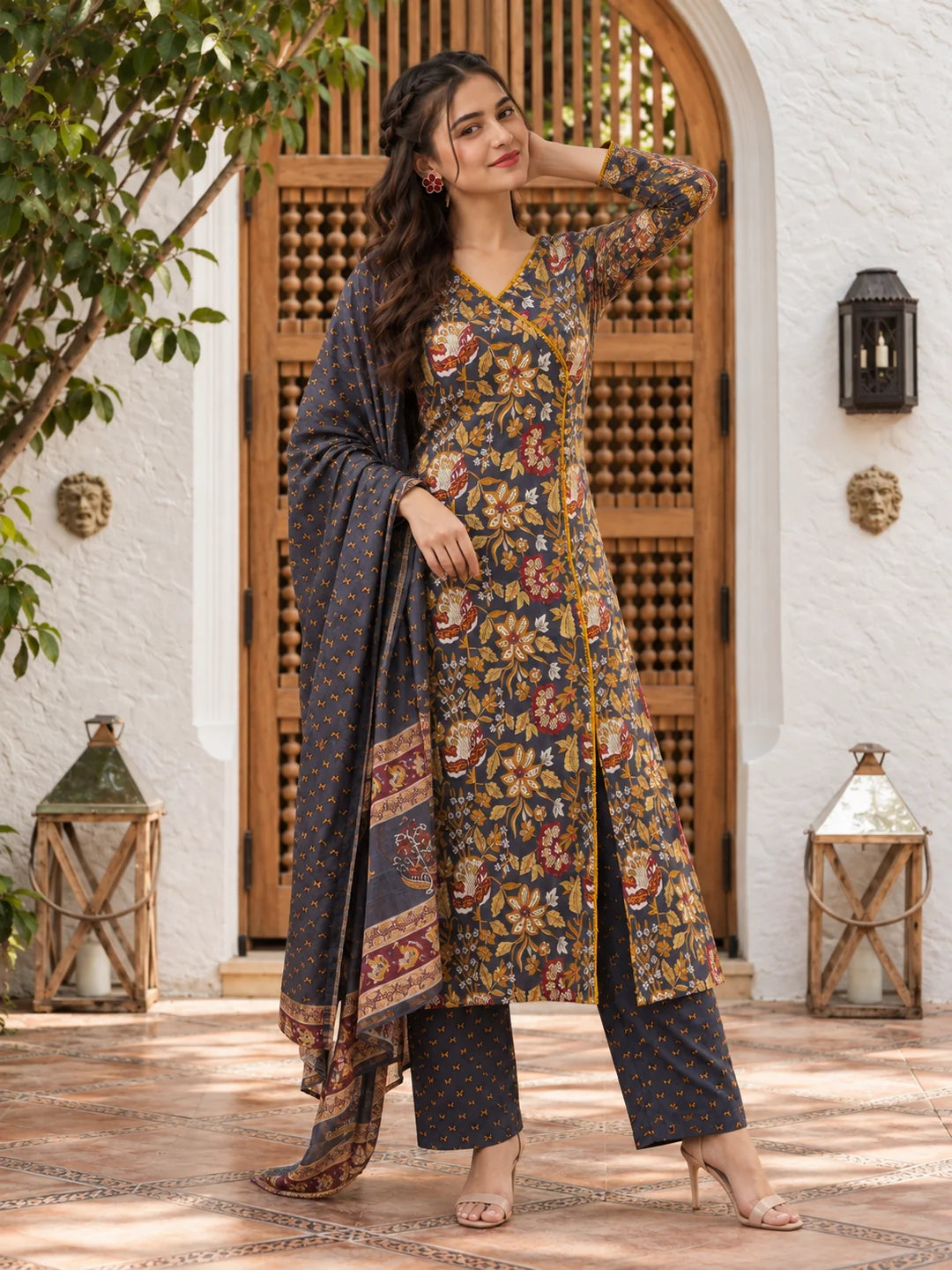 Grey & Mustard Yellow Angrakha Floral Jaal Printed Kurta Set with Dupatta in Cotton