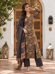 Grey & Mustard Yellow Angrakha Floral Jaal Printed Kurta Set with Dupatta in Cotton