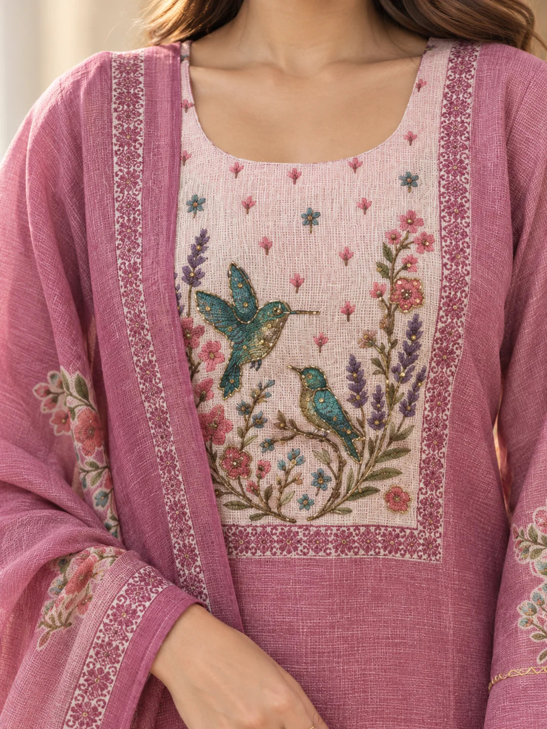 Pink Bird & Floral Printed Sequin Kurta Set with Dupatta in Kota Doria