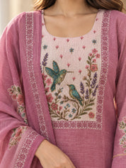 Pink Bird & Floral Printed Sequin Kurta Set with Dupatta in Kota Doria