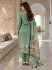 Mint Green Bird & Floral Printed Sequin Kurta Set with Dupatta in Kota Doria