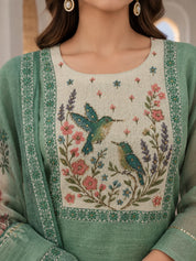 Mint Green Bird & Floral Printed Sequin Kurta Set with Dupatta in Kota Doria