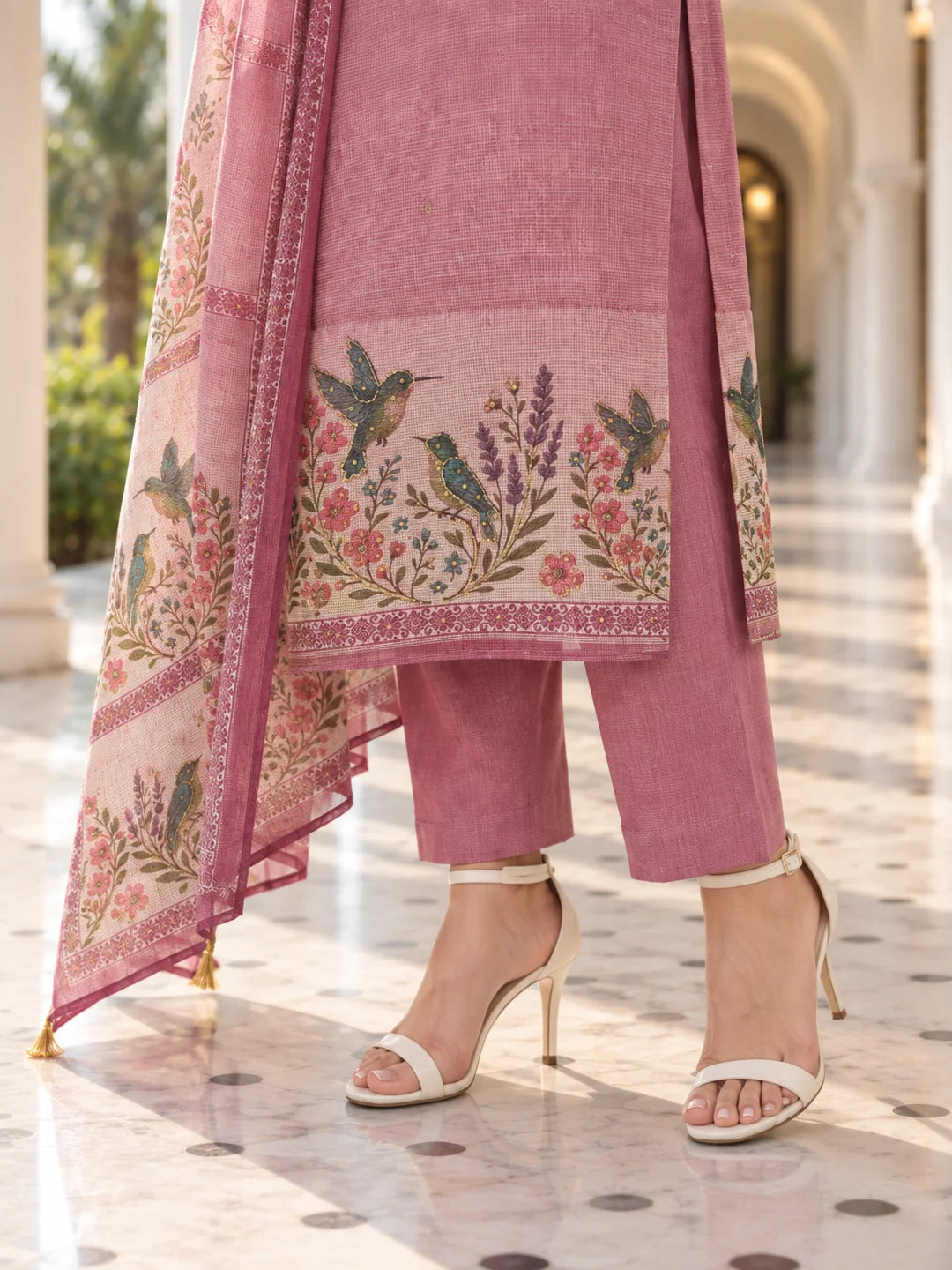 Pink Bird & Floral Printed Sequin Kurta Set with Dupatta in Kota Doria