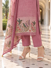 Pink Bird & Floral Printed Sequin Kurta Set with Dupatta in Kota Doria