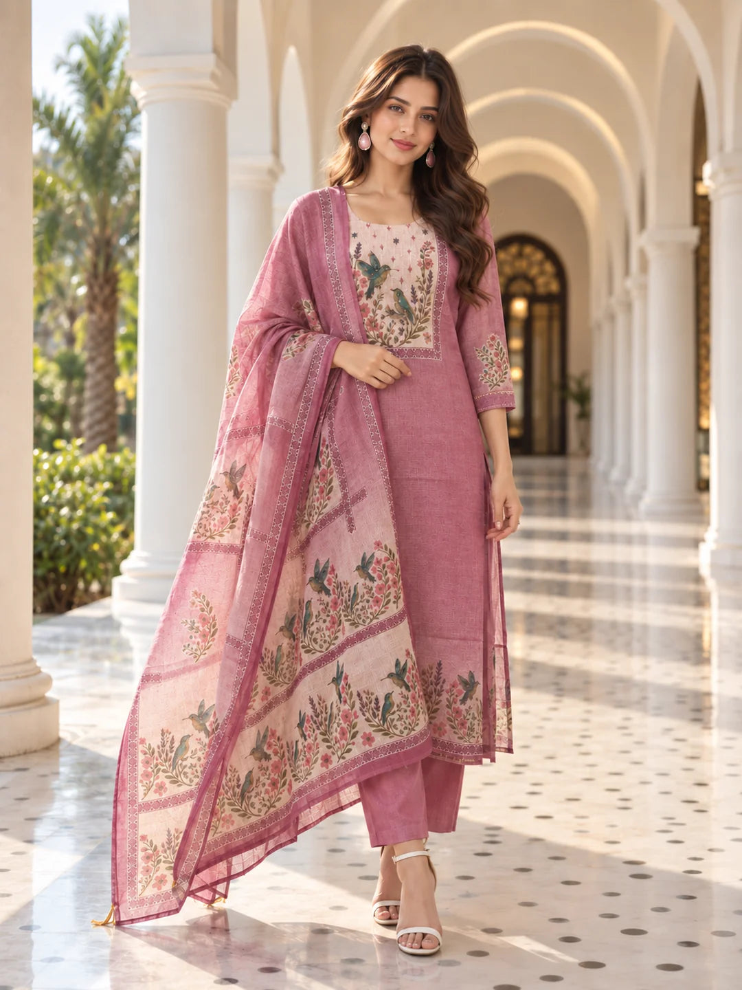 Pink Bird & Floral Printed Sequin Kurta Set with Dupatta in Kota Doria