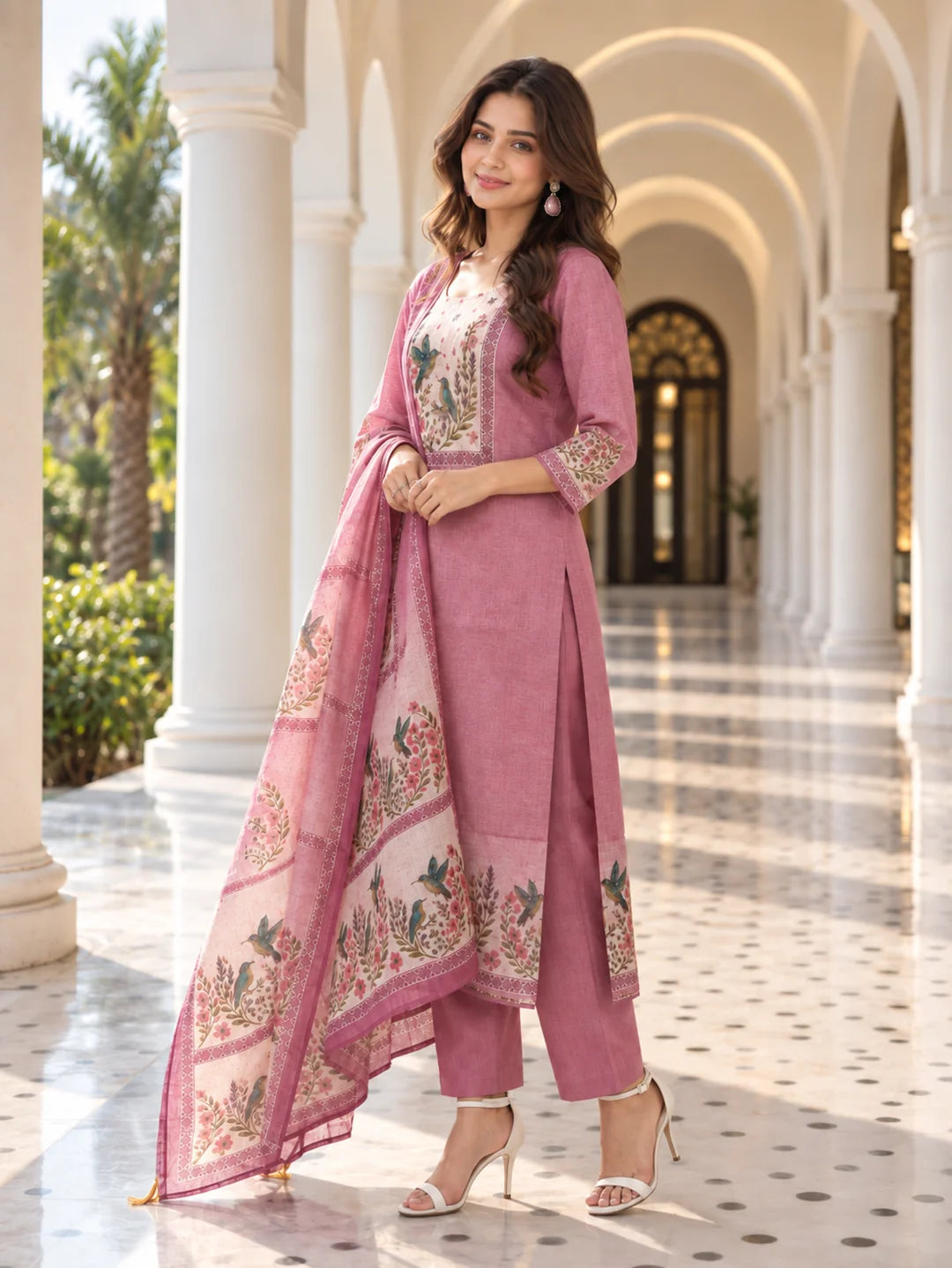 Pink Bird & Floral Printed Sequin Kurta Set with Dupatta in Kota Doria