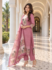 Pink Bird & Floral Printed Sequin Kurta Set with Dupatta in Kota Doria