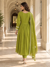 Lime Green Embroidered Yoke Anarkali Kurta Set with Dupatta in Cotton