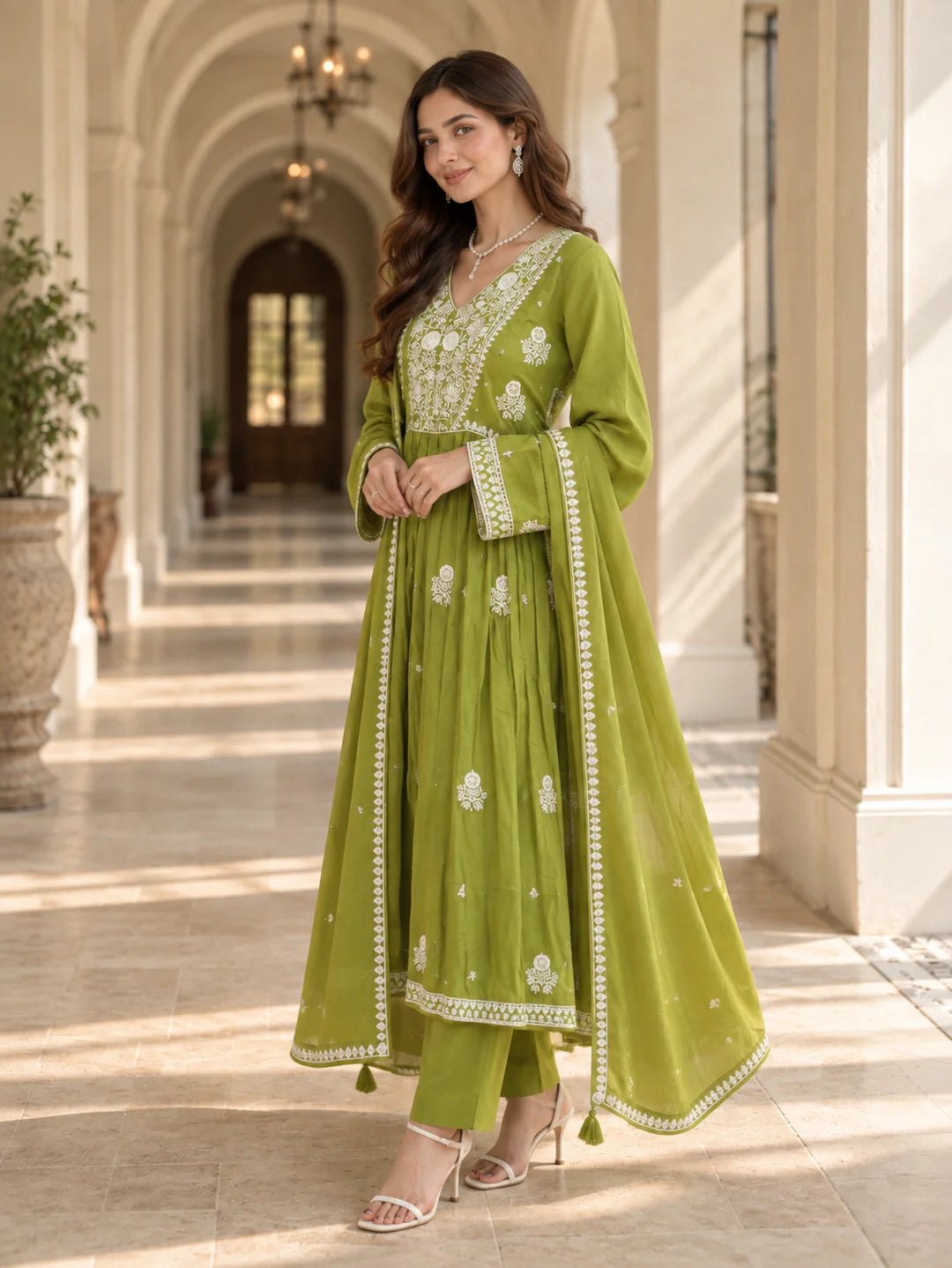 Lime Green Embroidered Yoke Anarkali Kurta Set with Dupatta in Cotton