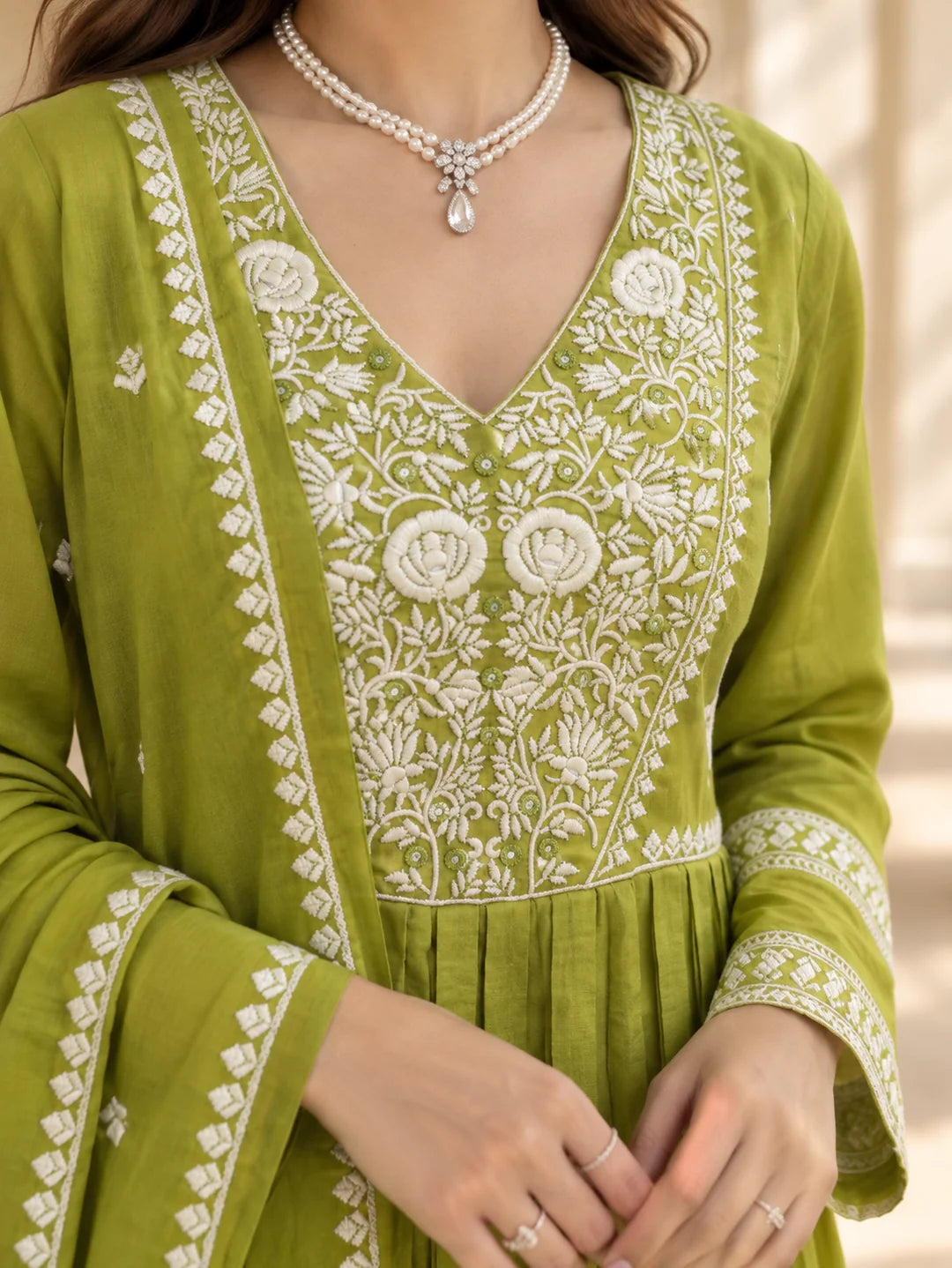 Lime Green Embroidered Yoke Anarkali Kurta Set with Dupatta in Cotton