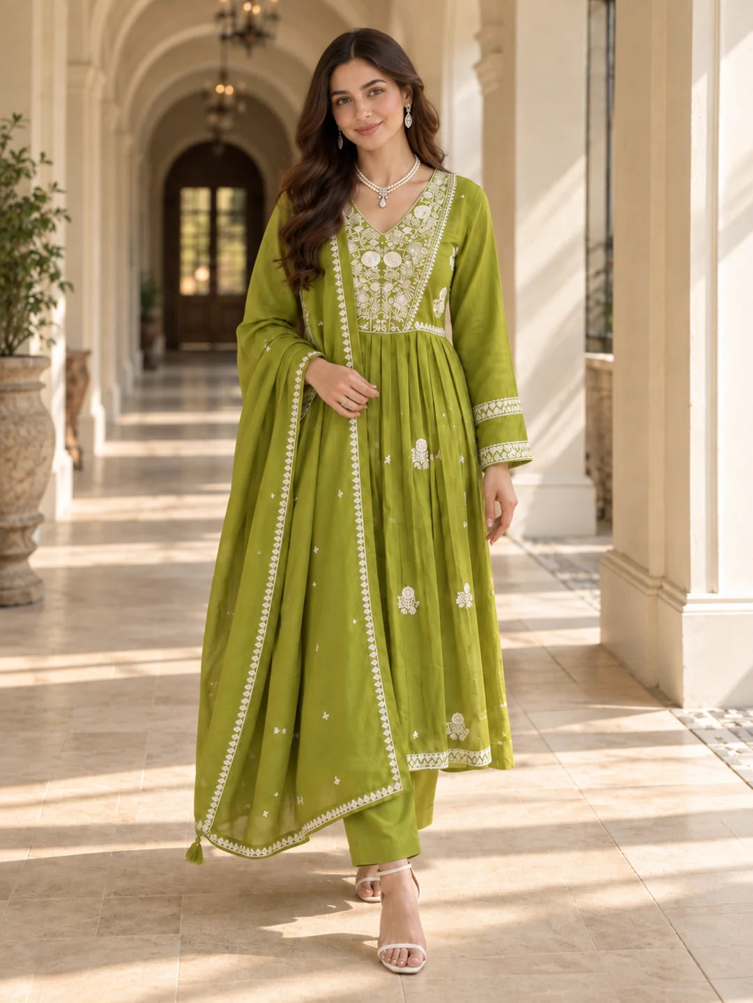 Lime Green Embroidered Yoke Anarkali Kurta Set with Dupatta in Cotton